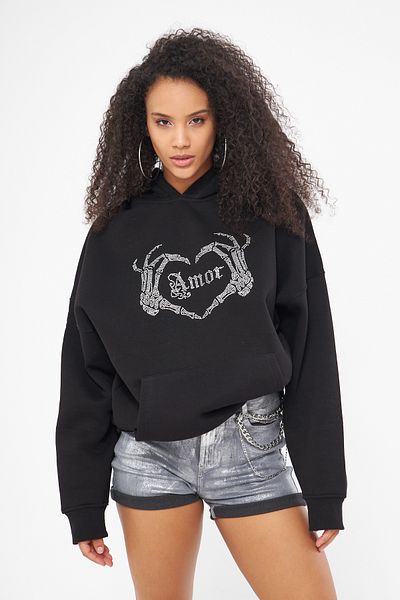 The Champ Clothing Черен суитшърт с качулка и полар отвътре, голям размер и принт Amor Written Stone