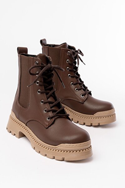 serkanseyyid 2051-298 Καφέ ίσια τακούνι με κορδόνια ελαστικά καθημερινά γυναικεία μποτάκια