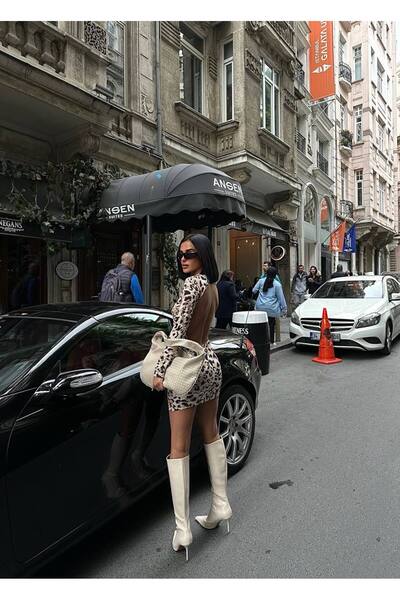 OlaLady Women's Back Low-Cut Stretchy Leopard Print Mini Dress