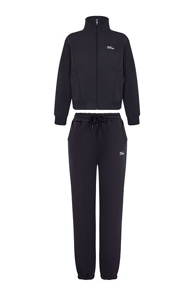 Eazy Co Set de trening gros premium afumat - fleece, guler vertical cu fermoar, buzunare duble, picior elastic