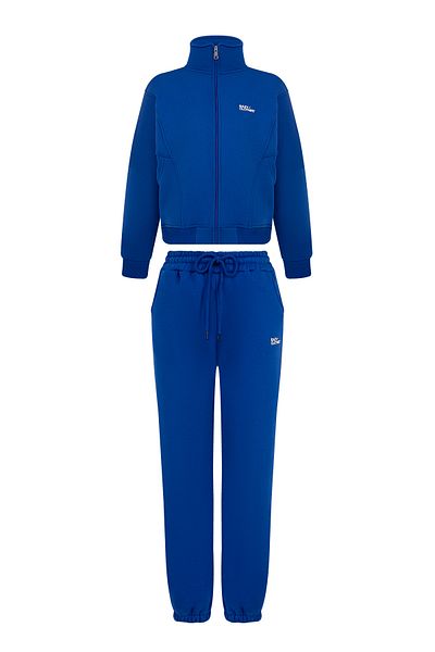 Eazy Co Premium Saks Blue Thick Tracksuit Set - Fleece, Zipper, Double Pockets, Elastic Leg