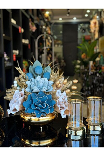 TASARIMHMODA Yapay Çiçekli Gold Yassı Vazo 3 Parça Set No:12