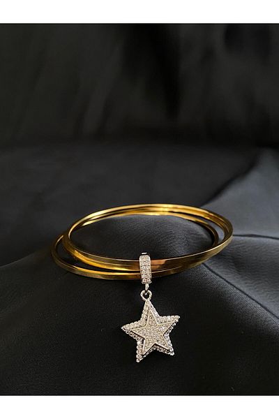 Liya Silver Star Charm Gold 3-Piece Ajda Steel Bracelet. 6 cm Diameter