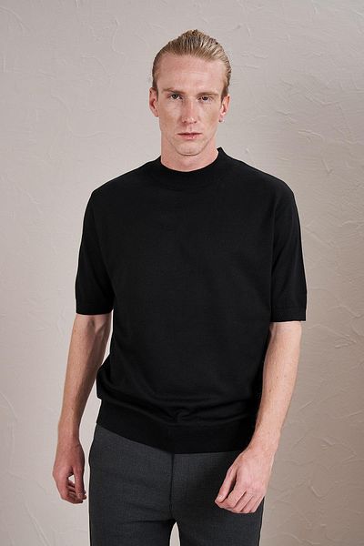 TENA Tricou negru pentru bărbați, cu guler în picioare, cu tiv și mâneci cu nervuri
