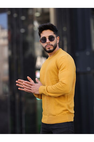 LEON ONE Men's Mustard Color Crew Neck Regular Fit Non-Pilling Knitwear Sweater