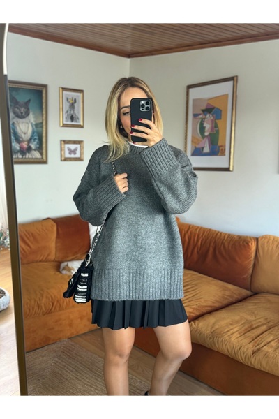 Butik Gri bisiklet yaka kazak