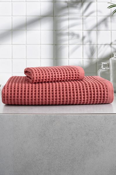 Sevim Waffle Patterned Set of 2 Bath Towels - Soft and High Water Absorbent 100% Cotton & Honeycomb - Brick Color