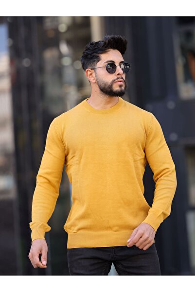 LEON ONE Men's Mustard Color Crew Neck Regular Fit Non-Pilling Knitwear Sweater