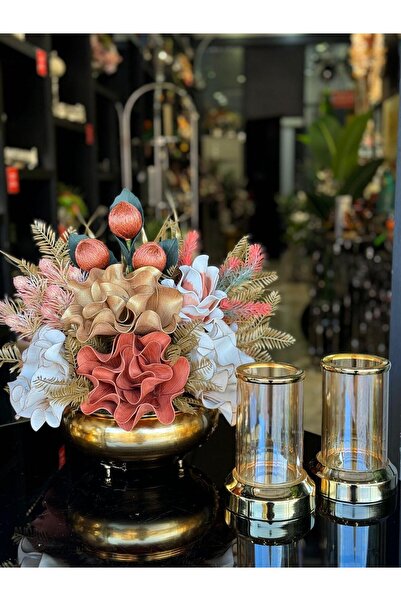 TASARIMHMODA Yapay Çiçekli Gold Yassı Vazo 3 Parça Set No:14