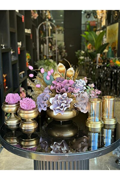 TASARIMHMODA Yapay Çiçekli Antik Yassı Vazo 5 Parça Set No:4