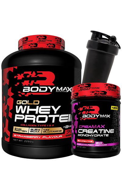 BODYMAX Gold Whey Protein Powder 2250 Gr 75 Serve Strawberry + Creatine Creamax 300 Gr 60 Serve