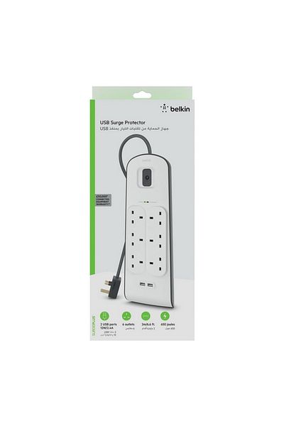 Belkin شريط حماية من زيادة التيار بطول 2 متر - 6 اتجاهات مع منفذي USB
