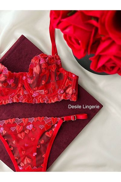 CES'Y LİNGERİE Red Lace Bra and Underwire Sexy Patterned Set