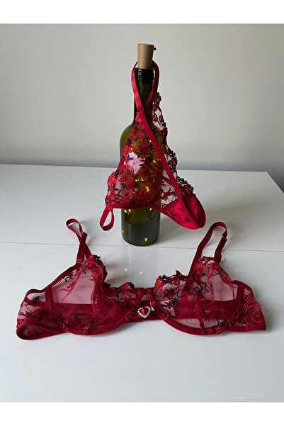 LORE SORTA LINGERIE Kadın Şarap Kırmızı Çiçek Nakışlı Dantelli Taşlı Detay Br...