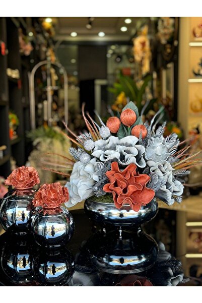 TASARIMHMODA Yapay Çiçekli Gümüş Yassı Vazo 3 Parça Set No:12