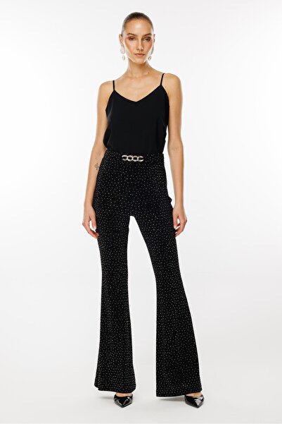 Moda İlgi Modailgi  İspanyol Paça Taşlı Örme Pantolon - 7092 Siyah