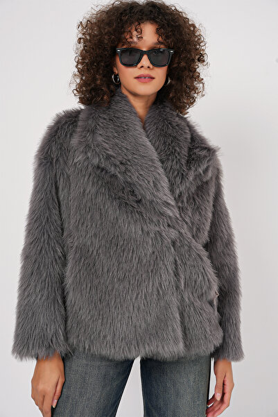 Bigdart 5192 Double Breasted Plush Fur Coat - Anthracite
