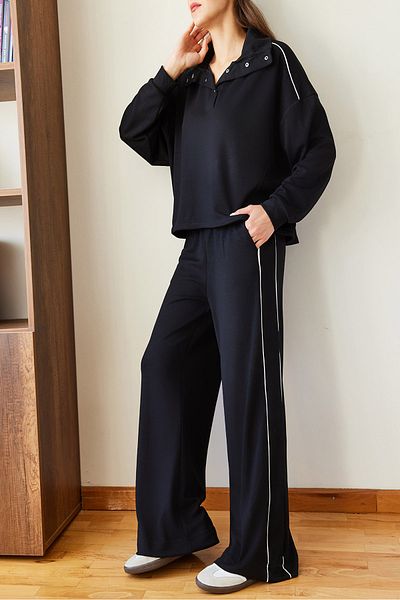 Bianco Lucci Damen-Set aus Modal-Stoff mit Kragen und Druckknopfverschluss 60351111