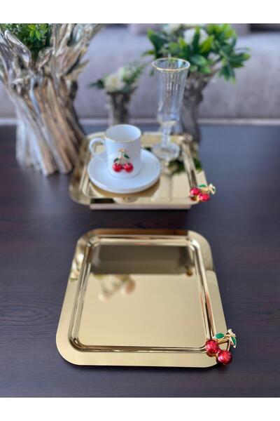 atabey home collection 6 ADET Kahve & Çay & Sunum Tepsisi Gold Tepsi Kiraz Dökümlü