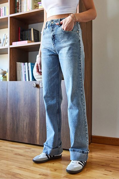 Bianco Lucci Pantaloni de damă Palazzo din denim cu picioare pliate 5225