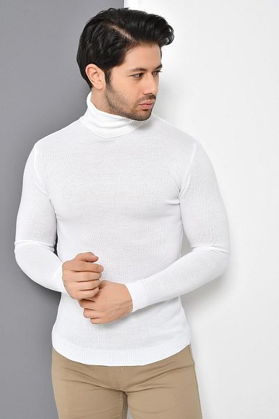 TENA MODA Ανδρικό Λευκό Βασικό Πλέκτο Μπλουζάκι με Ψηλό Γιακά