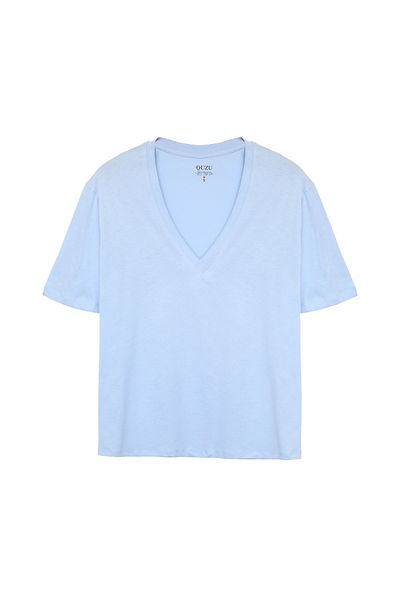 Quzu Tricou de bază cu mânecă scurtă albastru cu decolteu în V
