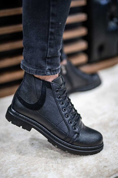 BİKAJOO Erkek Siyah Düz Deri Günlük Rahat Ortopedik Bot BKJ1059