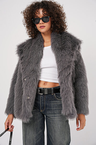 Bigdart 5192 Double Breasted Plush Fur Coat - Anthracite