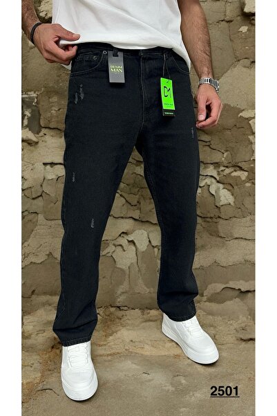 DENIM MAN Erkek Siyah Baggy Kalıp Yırtık Detaylı Lazerli Jean Pantolon
