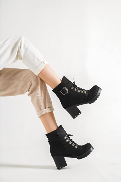 BİKAJOO Siyah Süet Kadın Kancalı Topuklu Bot BKJ10078