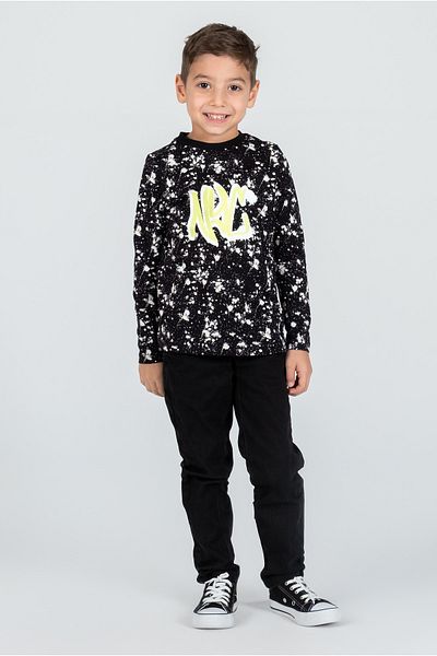 Kyron Hanorac cu mânecă lungă imprimat NYC pentru băieți, 100% bumbac - negru, cu model alb, stil casual