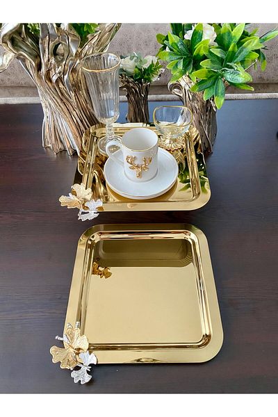 atabey home collection صينية ذهبية مكونة من قطعتين - صينية القهوة والشاي والعرض، صب الفراشة
