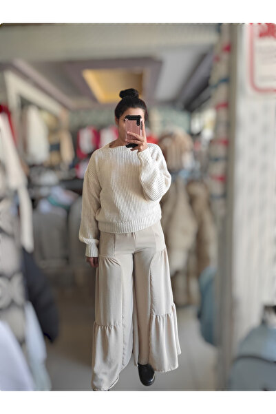 Sublime Butik Ayrobin Salaş Yüksel Bel Etek Pantolon Krem