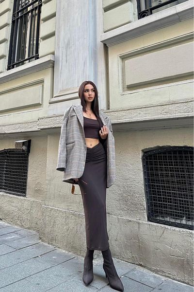 FEWTİNT Long Sleeve and Front Gather Detailed Pool Collar Crop Blouse - Lined Long Skirt