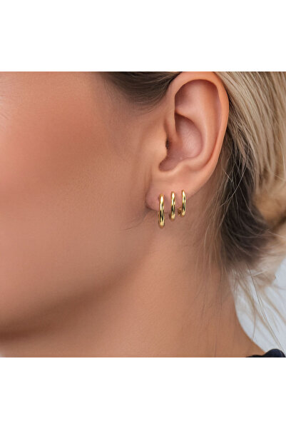 İNDİGO TAKI 3 Boy Sade Halka Kombin Altın Kaplama Gümüş Küpe