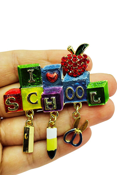 BB Okul Sevgisini Gösteren I Love School Bloklu Renkli Broş