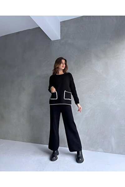 Fav Style طقم تريكو نسائي أسود - رقبة دائرية، جيوب، تفاصيل مضلعة، سويت شيرت و...