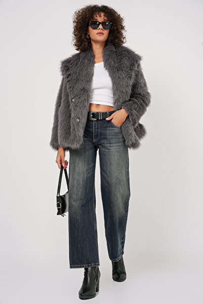 Bigdart 5192 Double Breasted Plush Fur Coat - Anthracite