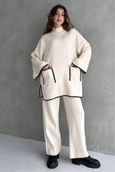 Fav Style Ecru Color Women's Knitwear Sweater and Trousers Set - Stand Collar, Pocket and Ribbed Detail