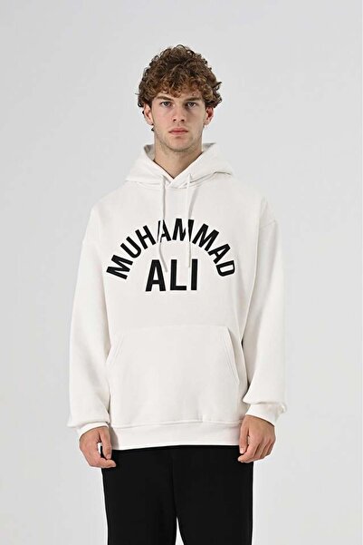 Dembu Muhammed Ali Tasarım Kapüşonlu Beyaz 3 İplik Şardonlu Sweat 24'