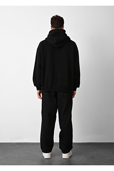 Dembu Vav Tasarım Kapüşonlu Siyah 3 İplik Şardonlu Sweat 24'