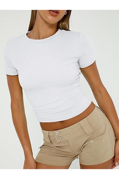 LADY HAZAL White Crew Neck Basic Body Darkalıp Ribbed Fabric Short Sleeve Body