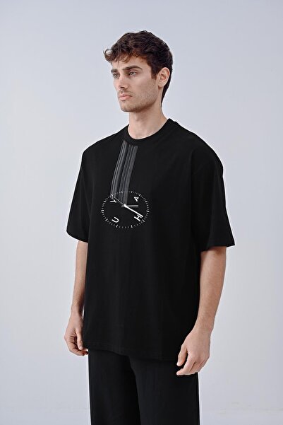 Dembu Saat Tasarım Siyah Pamuk Bisiklet Yaka Oversize T-shirt 23'