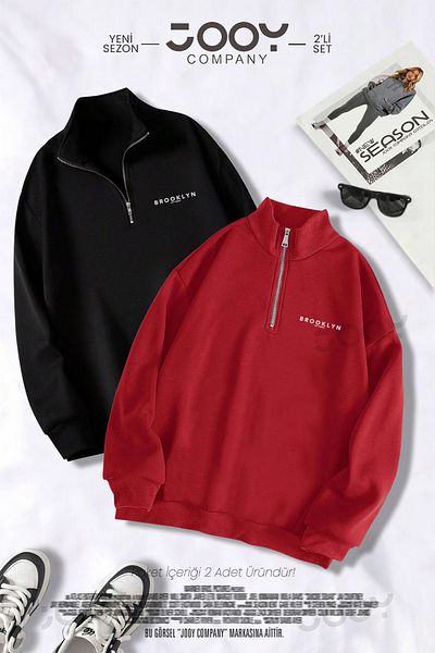 Jooy Company Brooklyn Jc Half Zipper Sweatshirt Black - Red 2-Piece Campaign Set