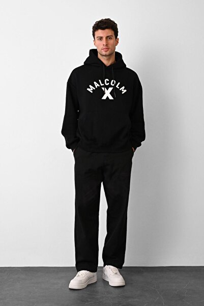Dembu Malcolm X Tasarım Kapüşonlu Siyah 3 İplik Şardonlu Sweat 24'