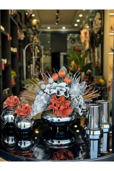 TASARIMHMODA Yapay Çiçekli Gümüş Yassı Vazo 5 Parça Set No:5