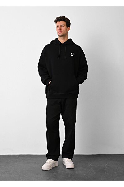 Dembu Vav Tasarım Kapüşonlu Siyah 3 İplik Şardonlu Sweat 24'