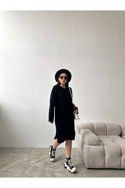 Elilook Rochie de damă din tricot cu imprimeu cu decolteu rotund cu efect de lână