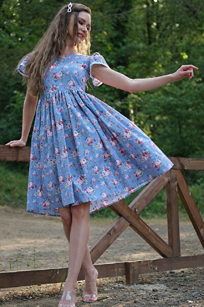 KÜÇÜĞÜM BUTİK Rochie albastră cu mâneci fluture cu volan cu imprimeu floral