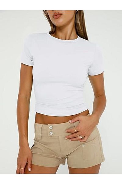 LADY HAZAL White Crew Neck Basic Body Darkalıp Ribbed Fabric Short Sleeve Body